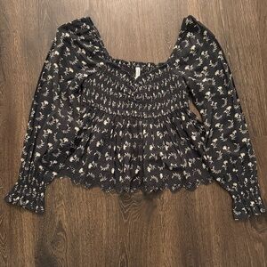 American Eagle Smocked Floral Long-Sleeve Peplum Top - Black